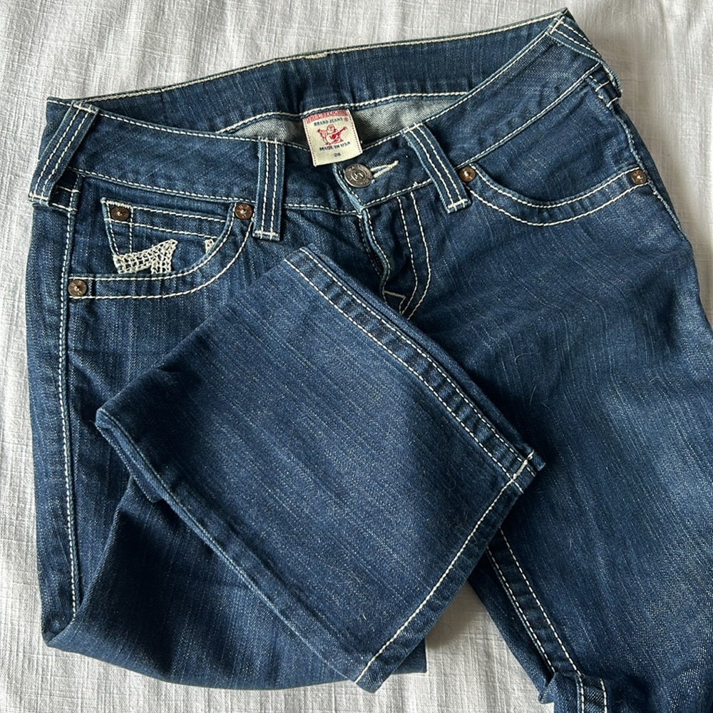 True Religion Dark Wash White Stitching Billy Jeans